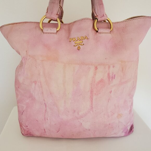 large Prada leather bag beige ivory Pink XL double handle Tote shopper tie dyed - Picture 1 of 14